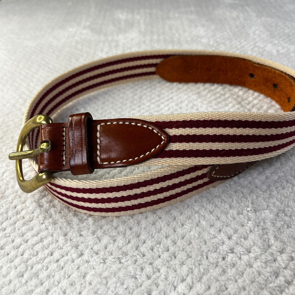Trafalgar Mens Striped Canvas Surcingle Belt Brown Leather Brass Buckle Burgundy